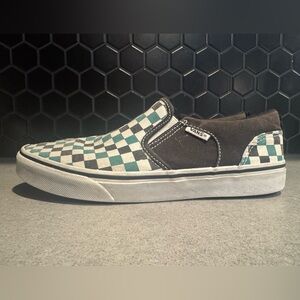Teal checkered low slip on vans
